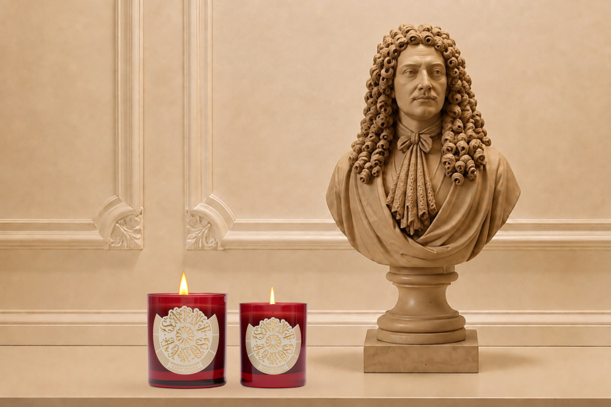 Deux bougies parfumées Saint Songe rouges allumées devant un buste sculpté de théâtre classique dans un intérieur élégant