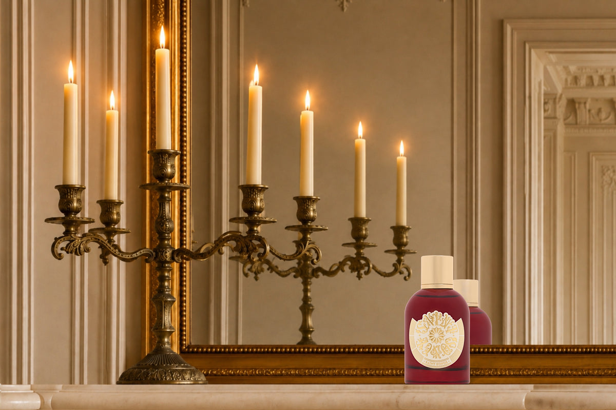  Brume parfumée Saint Songe rouge et or posée sur une cheminée devant un miroir et un chandelier ancien