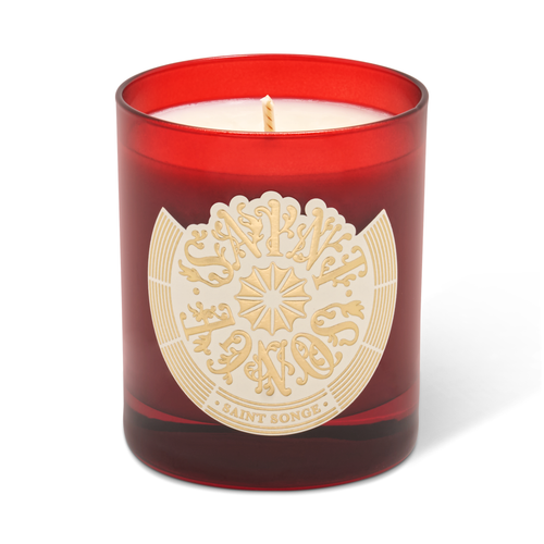 Bougie parfumée Saint Songe de 180 grammes dans son pot en verre rouge et son étiquette ivoire et or