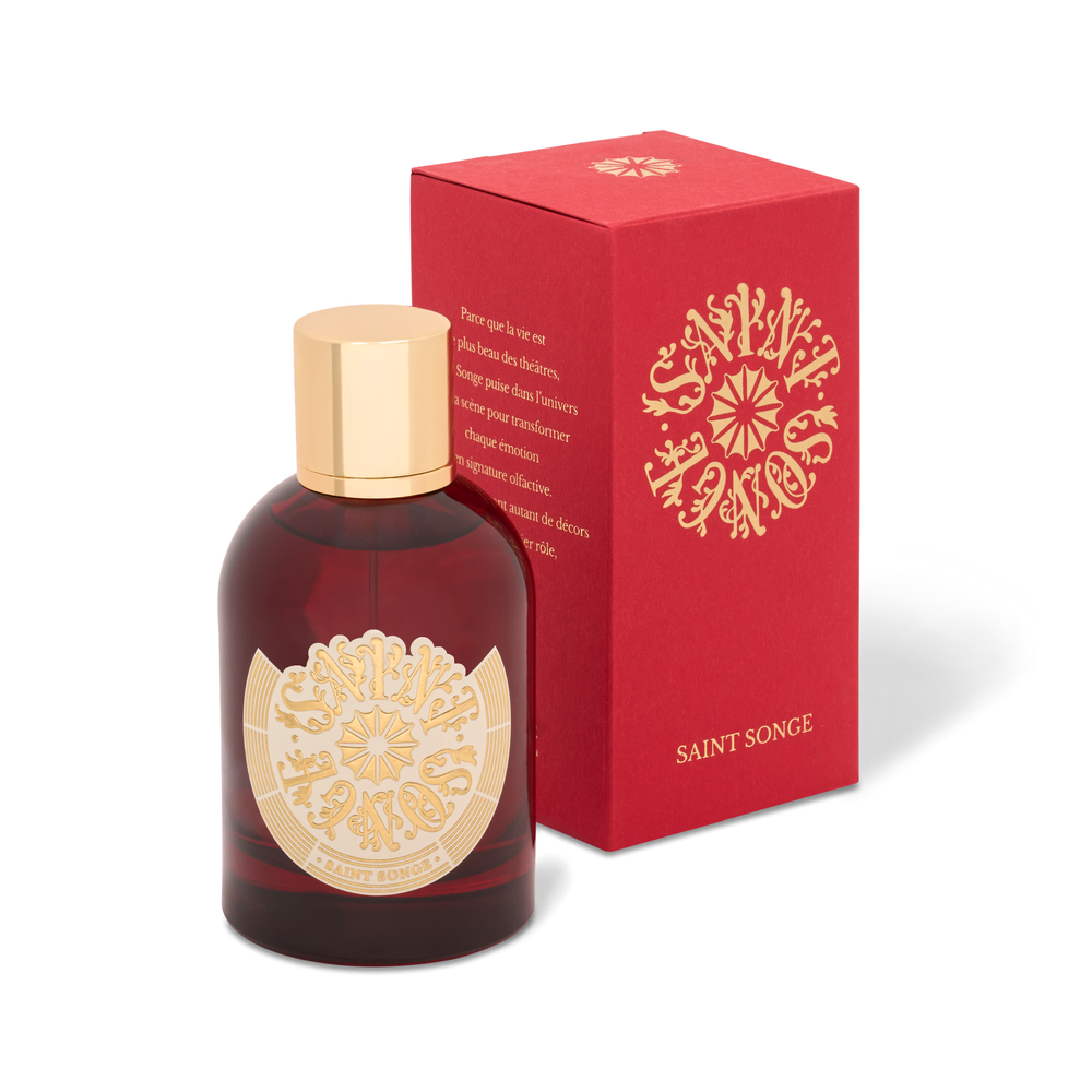 Brumes parfumée Saint Songe de 100 millilitres dans son flacon en verre rouge et or, avec son étiquette ivoire et or.