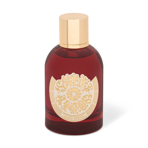 Brumes parfumée Saint Songe de 100 millilitres dans son flacon en verre rouge et or, avec son étiquette ivoire et or.